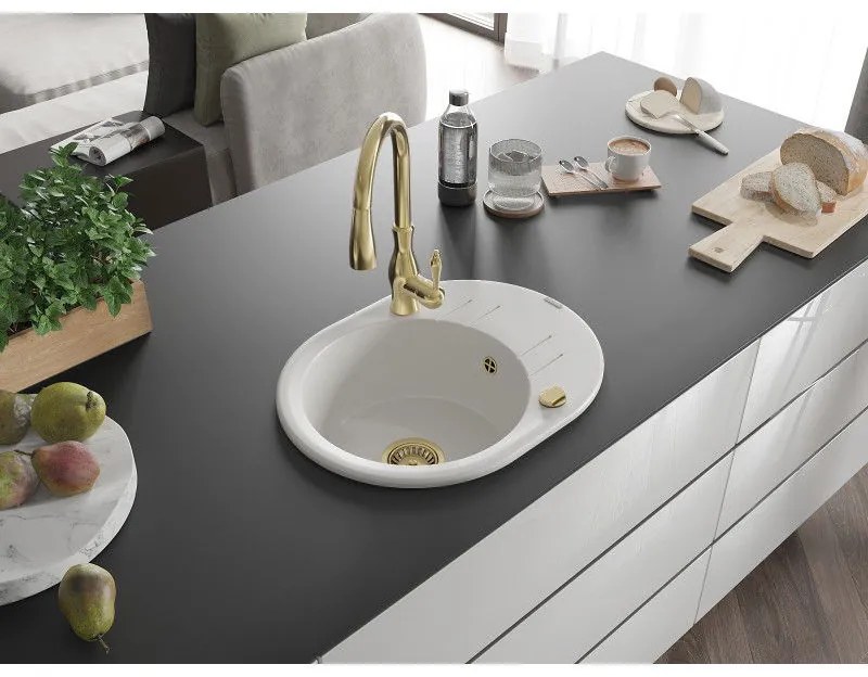 Mexen Kevin, granitový drez 586x458x190 mm, 1-komorový a drezová batéria Savita, biela, 6517-20-672601-50