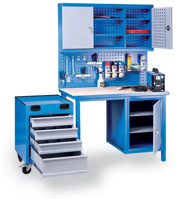 Perforovaný zadný panel na náradie k pracovným stolom GD, otvory 10 x 10 mm, rozstup 38 x 38 mm, modrá