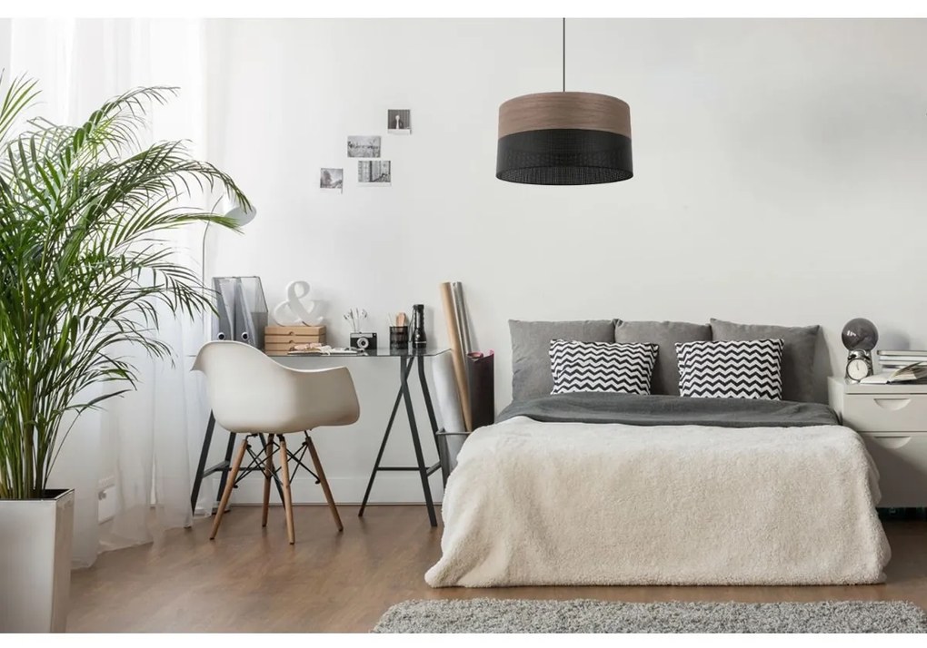 Závesné svietidlo Wood, 1x hnedá orechová dýha/čierne PVC tienidlo, (fi 40cm)