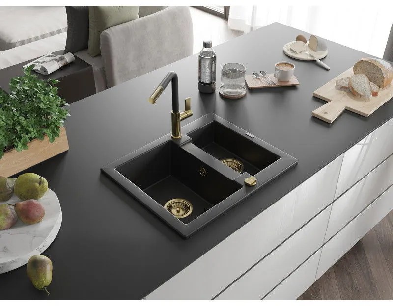 Mexen Carlos, 1,5-komorový granitový drez 582x475x177 mm a drezová batéria Flora, čierna, 6518-77-670401-57-G