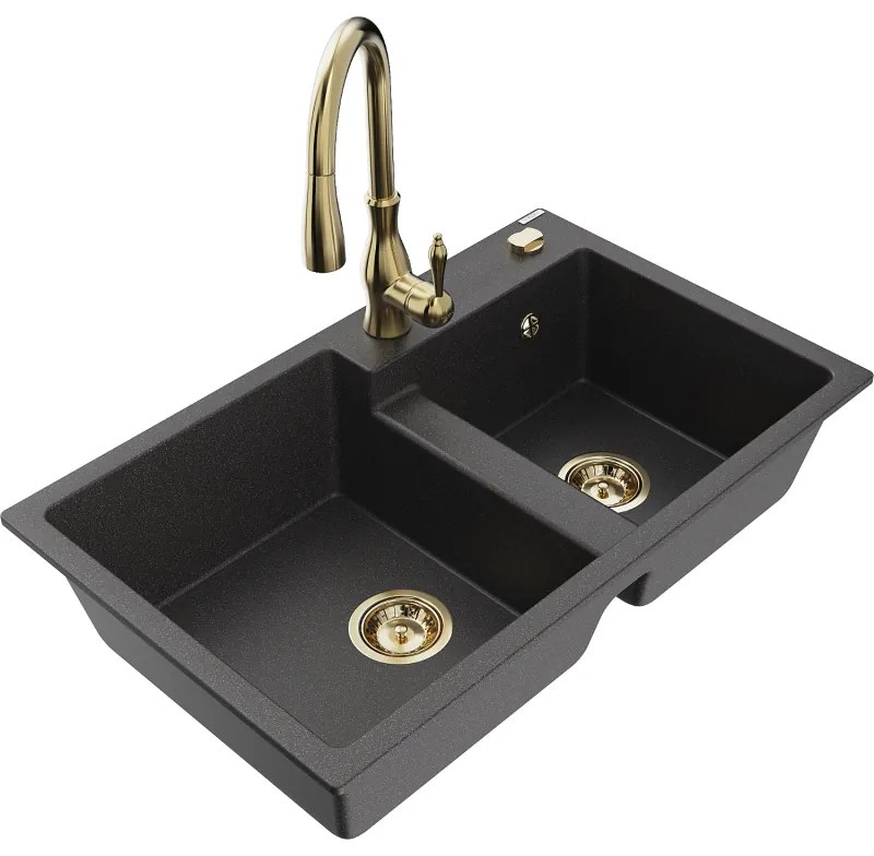 Mexen Tomas, granitový drez 800x500x190 mm, 2-komorový a drezová batéria Savita, čierna škvrnitá, 6516-76-672601-50