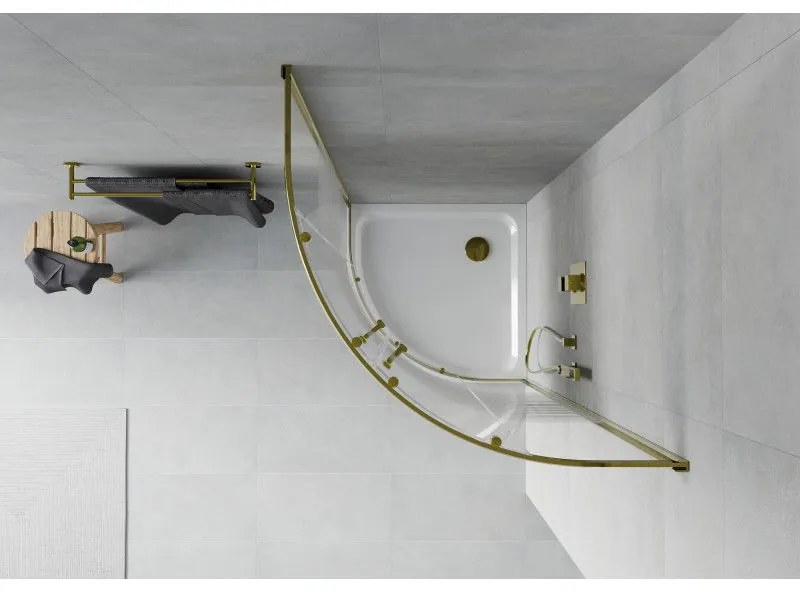 Mexen Rio, štvrťkruhový sprchovací kút s posuvnými dverami 80(dvere) x 80(dvere) x 190 cm, 6mm číre sklo s pásikmi, zlatý profil + biela sprchová vanička SLIM, 863-080-080-50-20-4110G