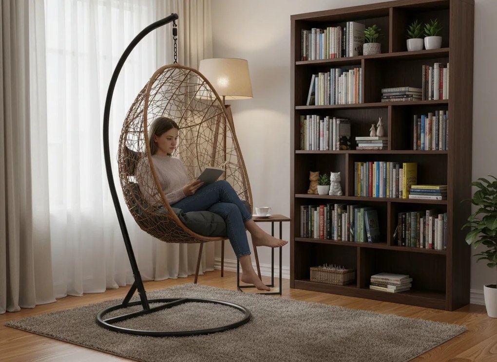 CH PRÍRODNÉ ZÁVESNÉ KRESLO, VANKÚŠ – TMAVOŠEDÁ, RÁM – ČIERNA 115 X 90 X 67 CM