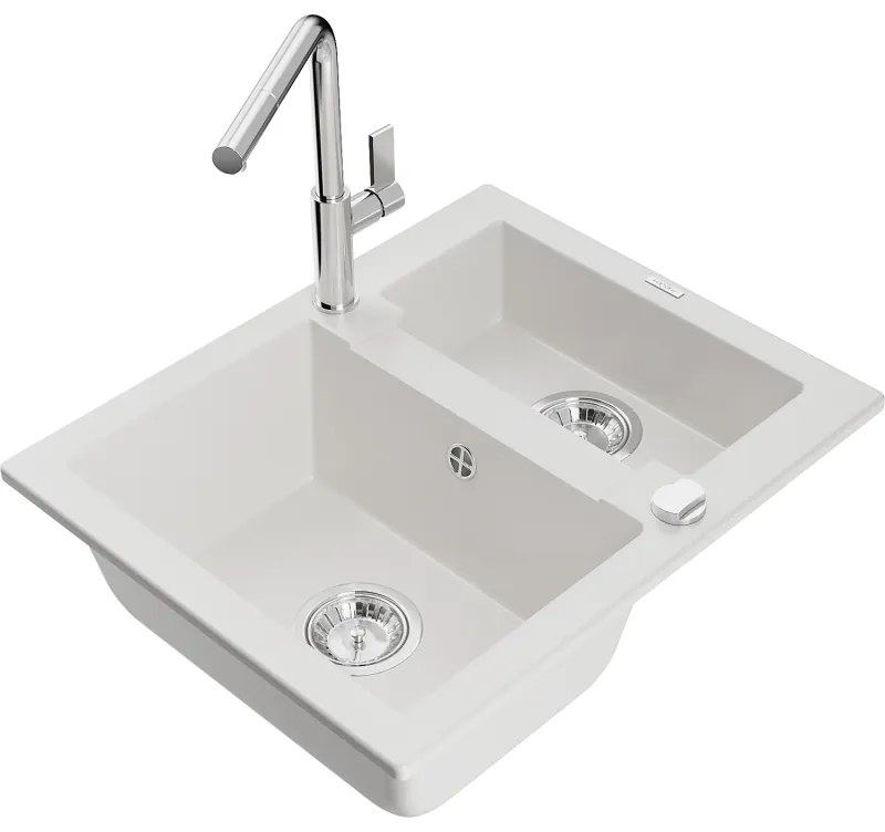 Mexen Carlos, 1,5-komorový granitový drez 582x475x177 mm a drezová batéria Flora, biela, 6518-20-670401-00