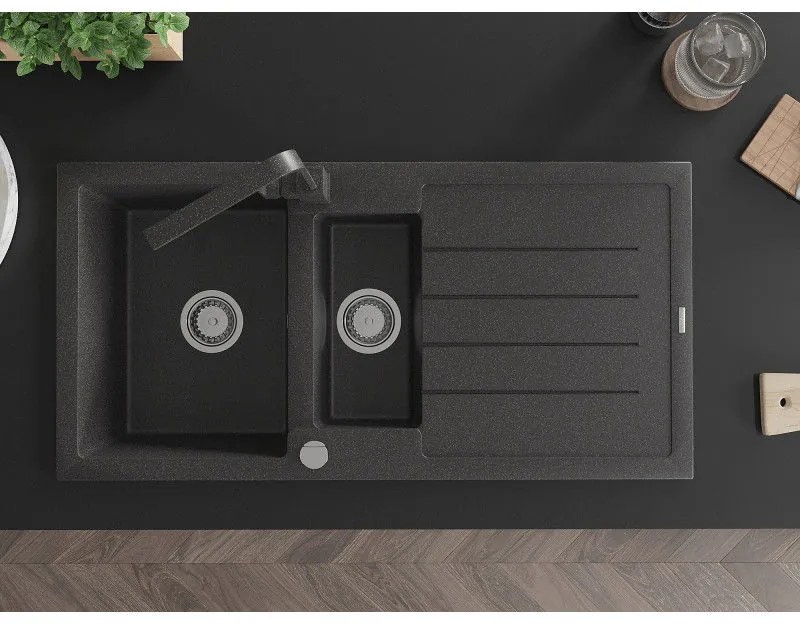 Mexen Andres, granitový drez 1000x500x200 mm, 1,5-komorový, čierna škvrtnitá s chrómovým sifónom a čierna škvrnitá drezová batéria Rita, 6515-76-670300-76