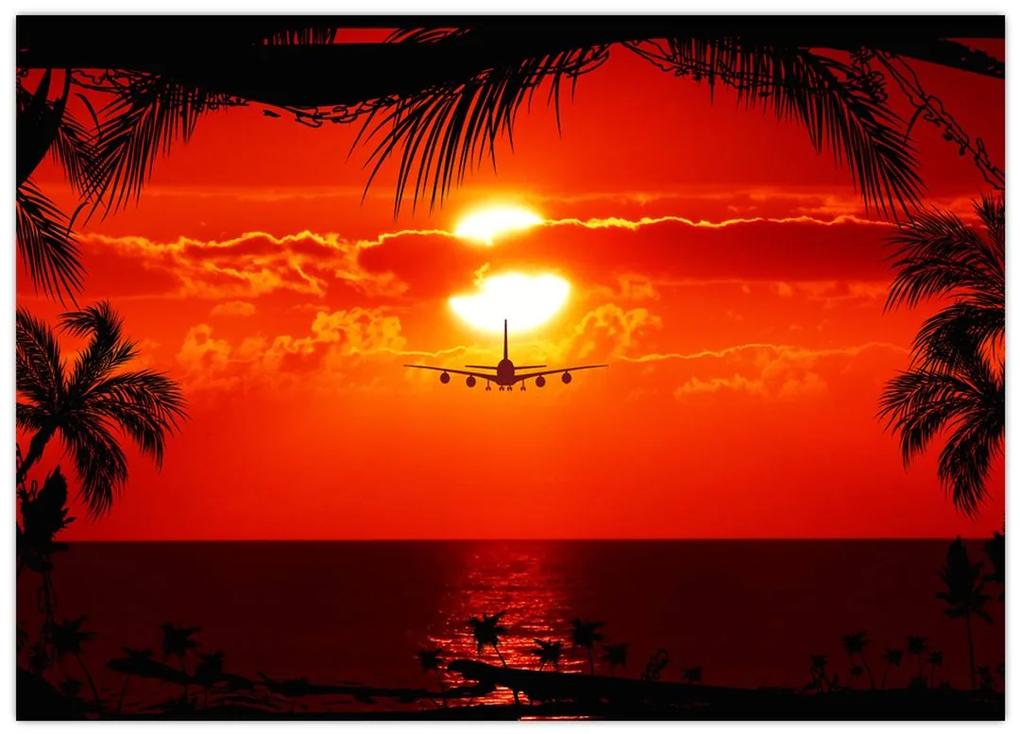 Sklenený obraz - západ slnka s lietadlom (70x50 cm)
