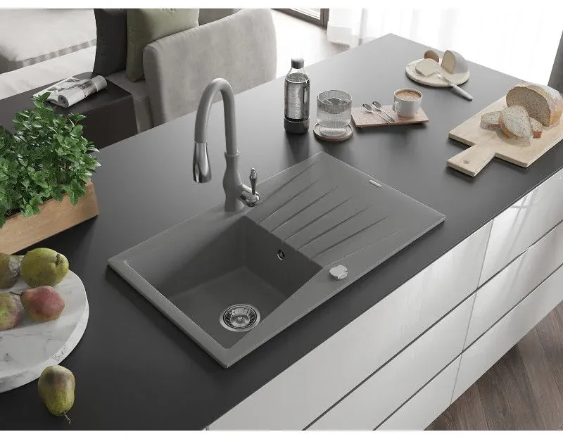 Mexen Cesar, 1-komorový granitový drez 775x470x190 mm a drezová batéria Savita, šedá, 6514-71-672601-71