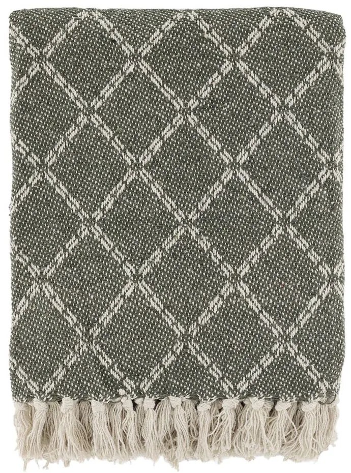 Zelený priadzový pléd so károvaním a strapcami Aix - 130*150 cm