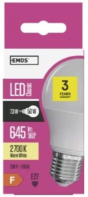 EMOS LED žiarovka, E27, 8W, teplá biela