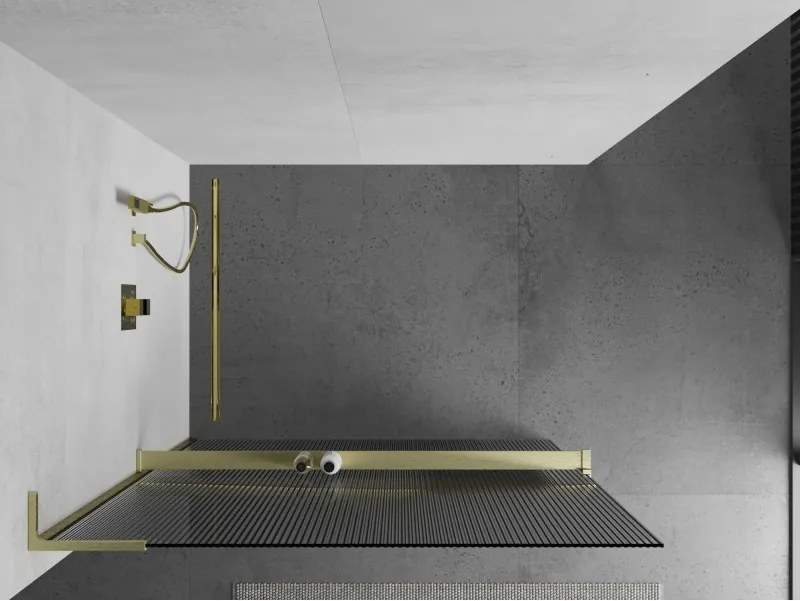 Mexen Kioto+ L, sprchová zástena Walk-In s poličkou a vešiakom 100 x 200 cm, 8mm sklo s rebrovým vzorom, zlatý matný profil, 800-100-123-55-09