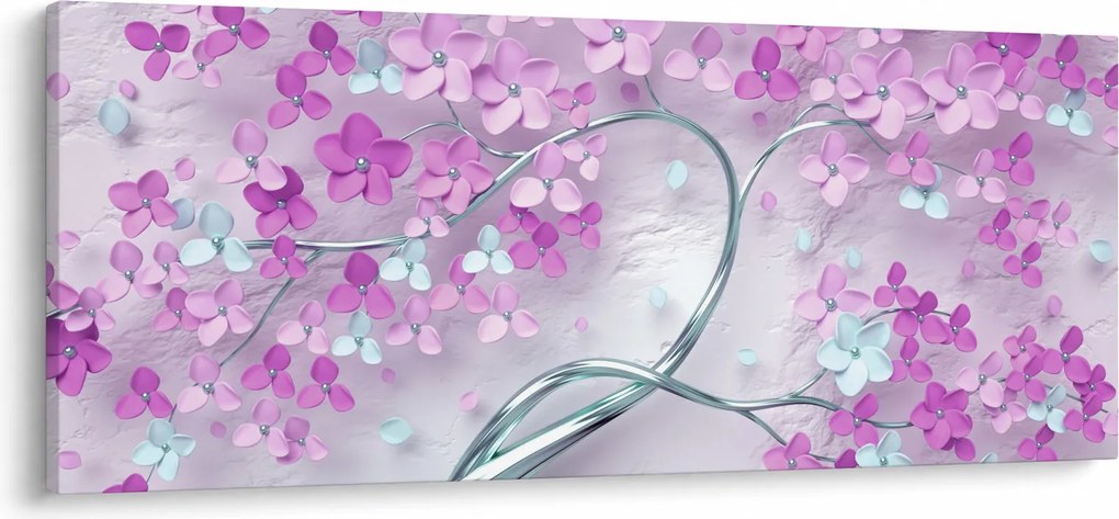 Obraz kvetov na striebornom kmeni - abstrakt (120x50 cm)