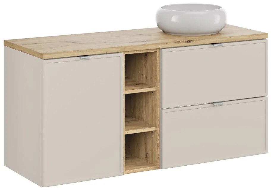 Závesná skrinka Bella kašmírová Wiki s doskou a umývadlom 120 cm béžová/dub olejovaný