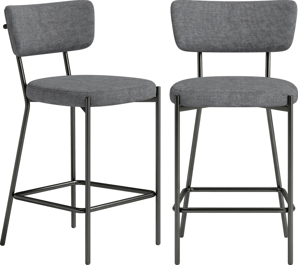 HOMCOM 2-Piece Bar Stool Set — Upholstered Curved-Back Counter Stools with Footrest, Metal Frame, Linen-Look, 25" Seat Height, Gray | Aosom