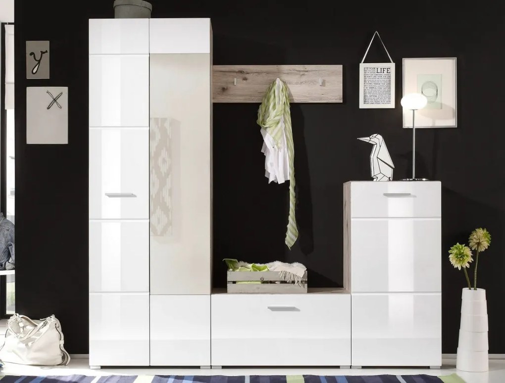 Predsieňová stena Sixx, pieskový dub/biela lesk