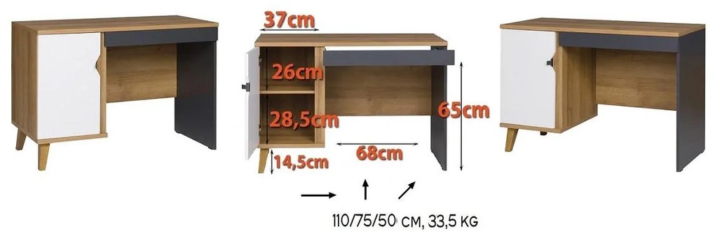 PC stolík Mimone PC (dub zlatý + biela matná + grafit). Akcia -22%. Vlastná spoľahlivá doprava až k Vám domov. 1051786