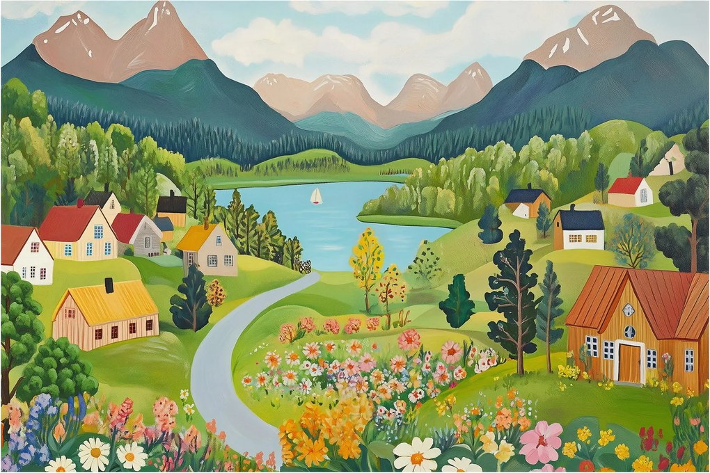 Obraz - Dedina v horách (90x60 cm)