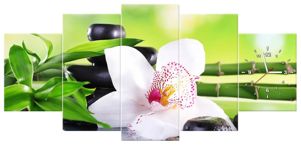 Gario Obraz s hodinami Biela orchidea a kamene - 5 dielny Rozmery: 150 x 105 cm
