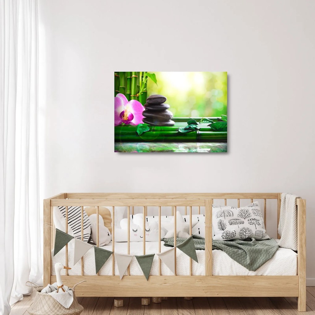 Sklenený obraz masážnych kameňov a orchidey na vode (70x50 cm)
