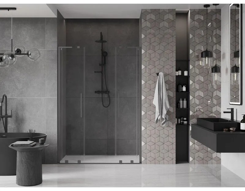 Mexen Velar L Duo, posuvné sprchové dvere do otvoru 160 cm, 8mm číre sklo, brúsený grafit, 871-160-003-02-95