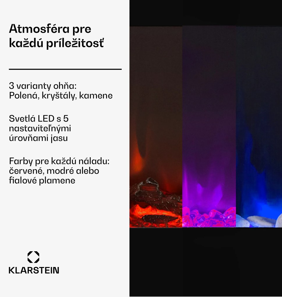Klarstein Galeras, elektrický nástenný a vstavaný krb, 1800 W, LED, 3 farby, časovač