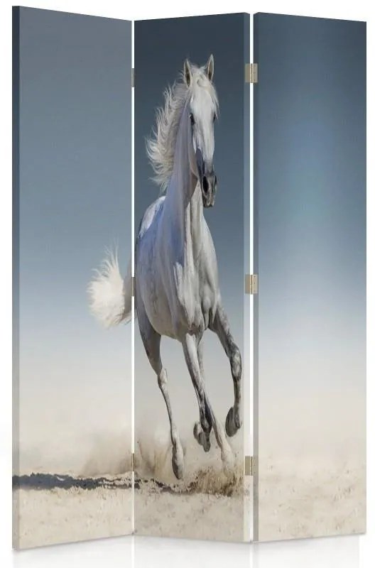 Ozdobný paraván Bílý cválající kůň - 110x170 cm, trojdielny, klasický paraván