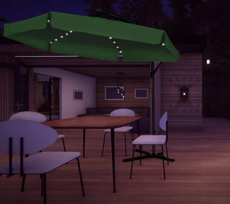 Zelený záhradný slnečník so stojanom a LED osvetlením