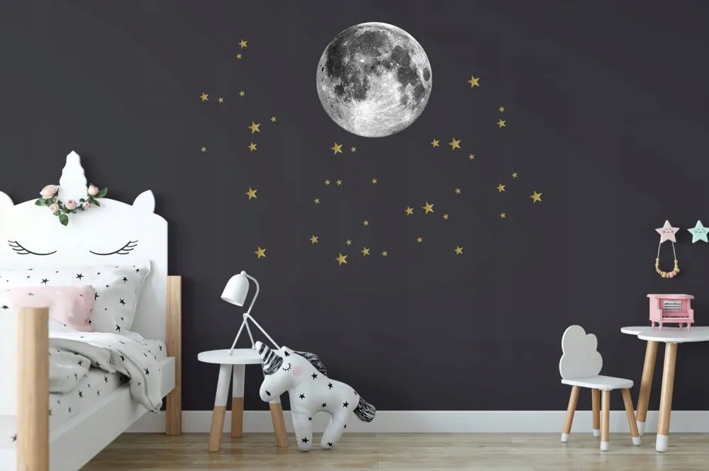 Originálna nálepka na stenu mesiac a zlaté hviezdy 45 cm