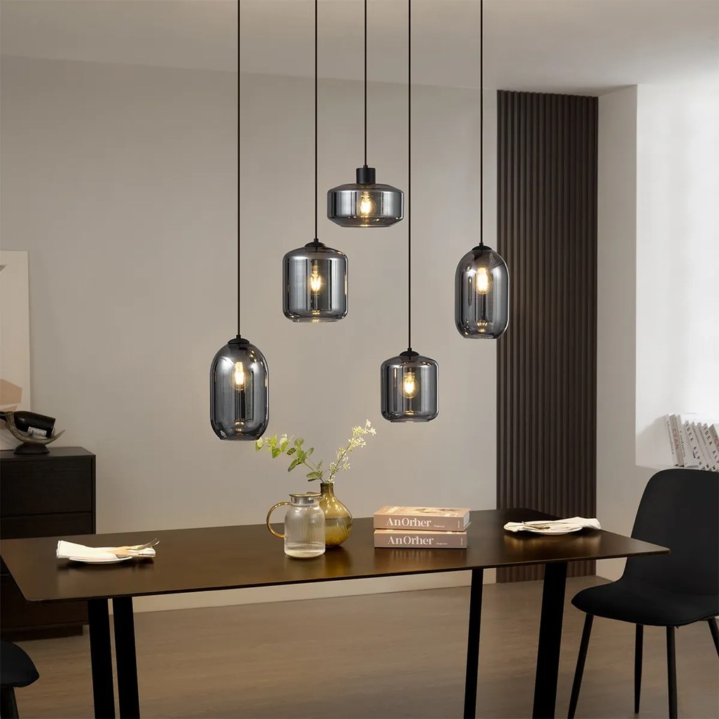 Moderné závesné svietidlo čierne s dymovým sklom 5-svetiel - Sheena