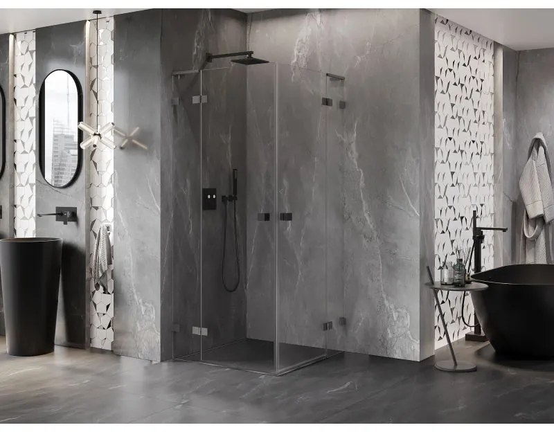 Mexen Lunar, L Duo výklopný sprchový kút 90 x 90 cm, 8mm číre sklo, profil grafit brúsený, 834L-090L-090P-66-00