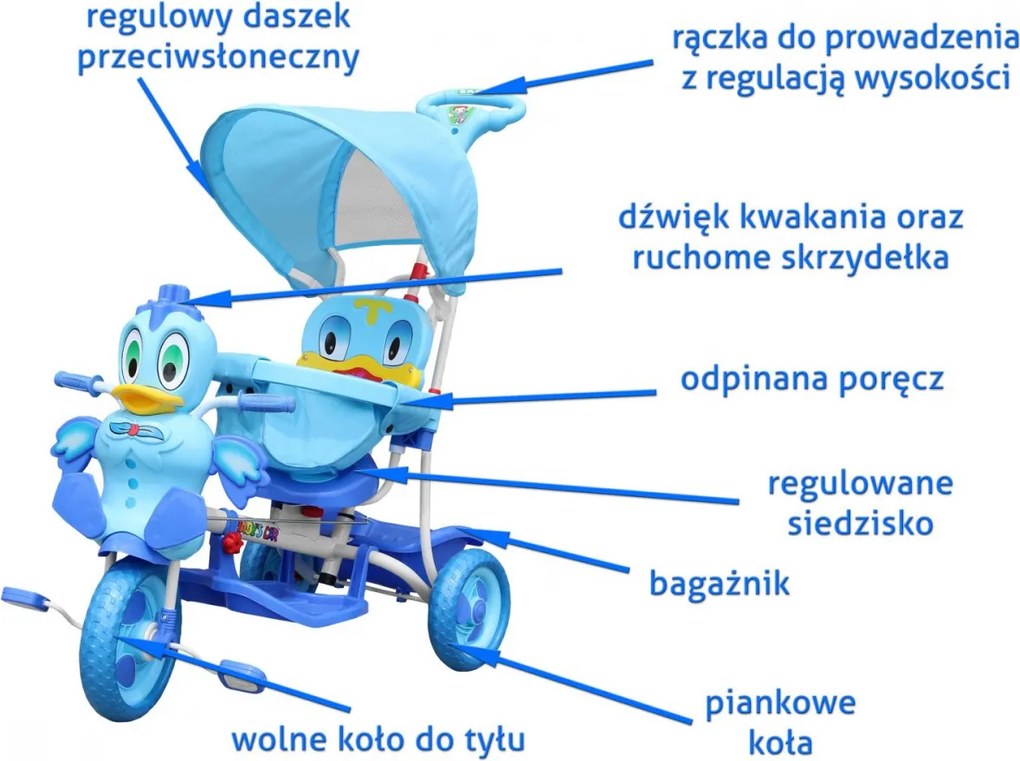 RAMIZ Detský 3-kolesový bicykel Duck Blue + zvuky + strecha + zábrana + opierka na nohy + rukoväť + úložný priestor