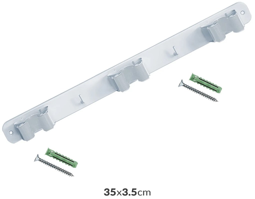 CONFORTIME Držiak na metly, zmetáky, metly a mopy, s háčikmi na zavesenie TRIPLE, biely kov