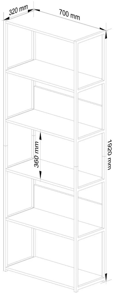 Knižnica Rita s kovovým rámom 70 cm - čierna/dub artisan - 6 políc
