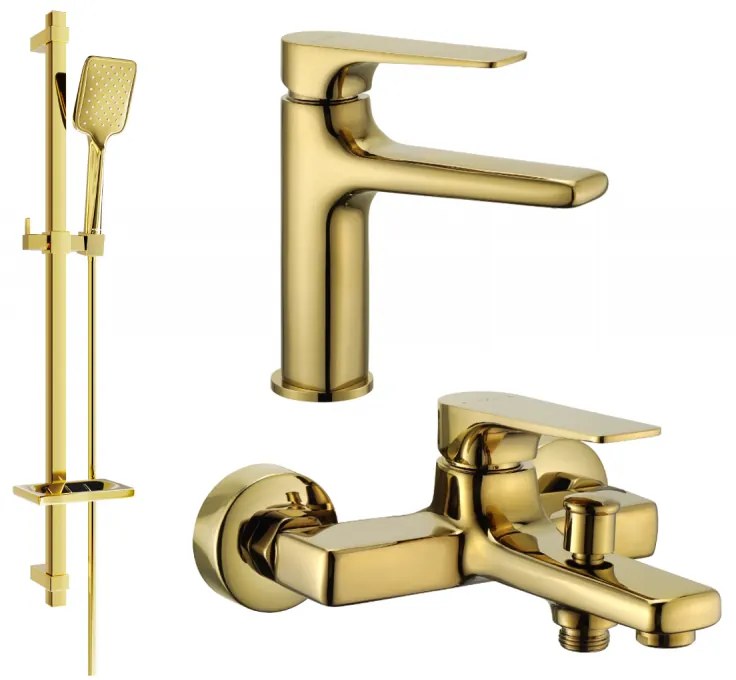 Mexen Lynx, stojanková umývadlová batéria a vaňová batéria so sprchovou sadou, zlatá lesklá, 745903DQ62-50