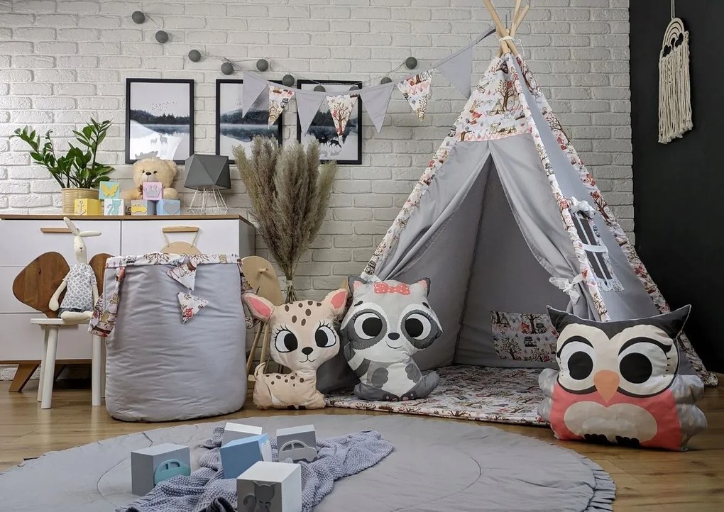 Detský stan TEEPEE (TÝPIE) ANIMALS s doplnkami - LES - šedý