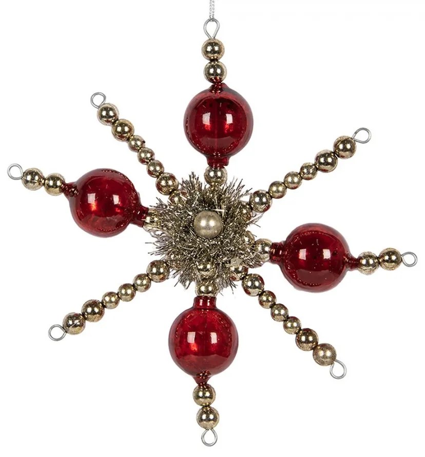 Červeno-zlatá antik sklenená závesná ozdoba vločka - 18*3*18 cm