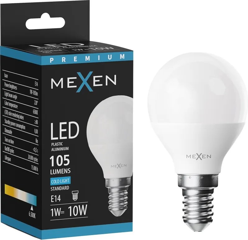 Mexen Nova, LED žiarovka E14, G45, 1W, studená - 6500K, 105 lm - L101-E14-0165-01