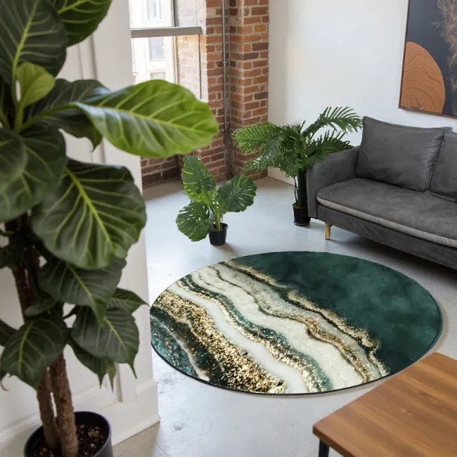 Protišmykový koberec NOVO mramor / zelený / zlatý kruh