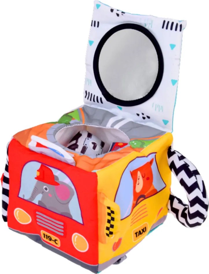 LEAN Toys Mäkká senzorická kocka so zrkadlom autíčka a dopravné značky pre bábätká