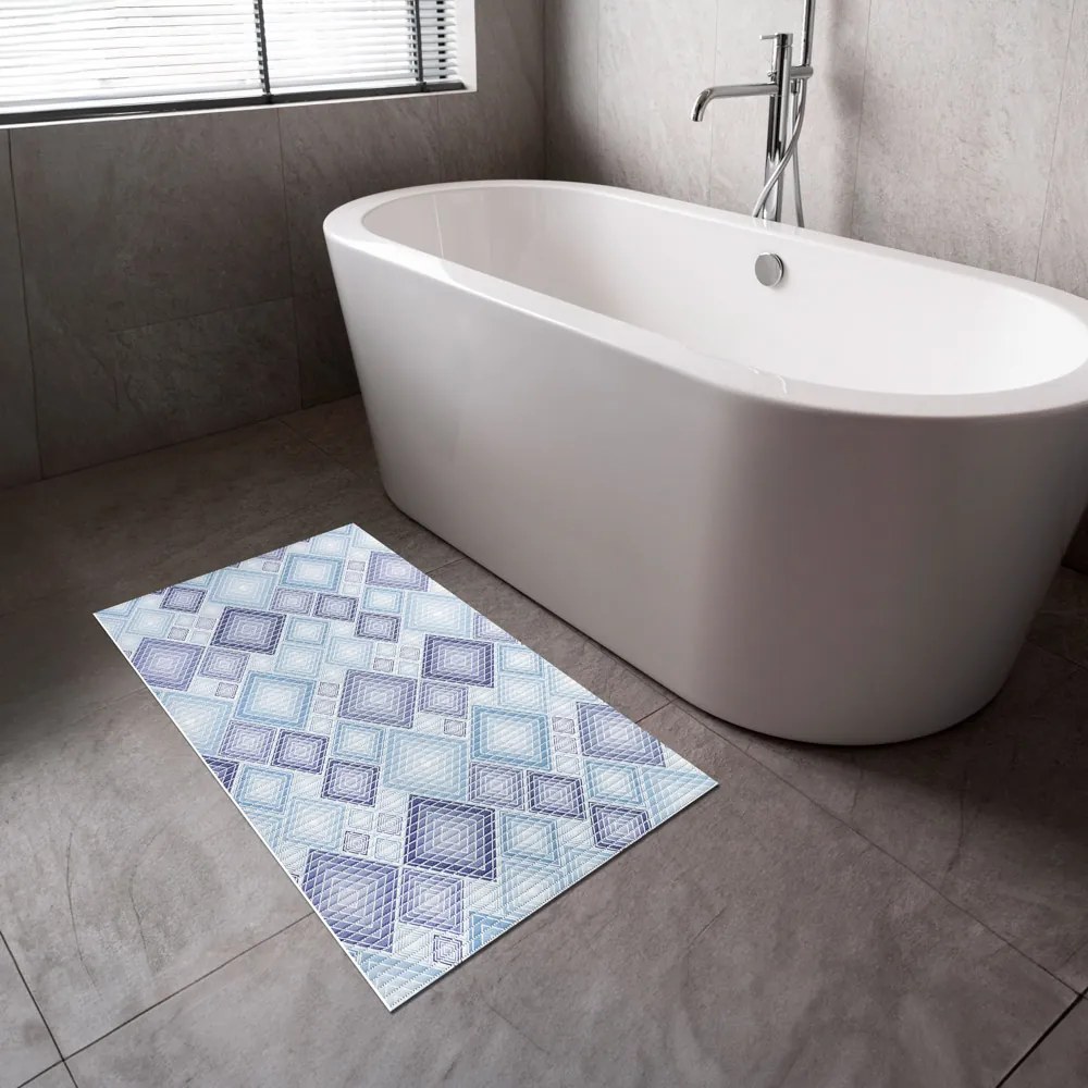 Kúpeľňová penová rohož / predložka PRO-095 Modré designové štvorce - metráž šírka 65 cm
