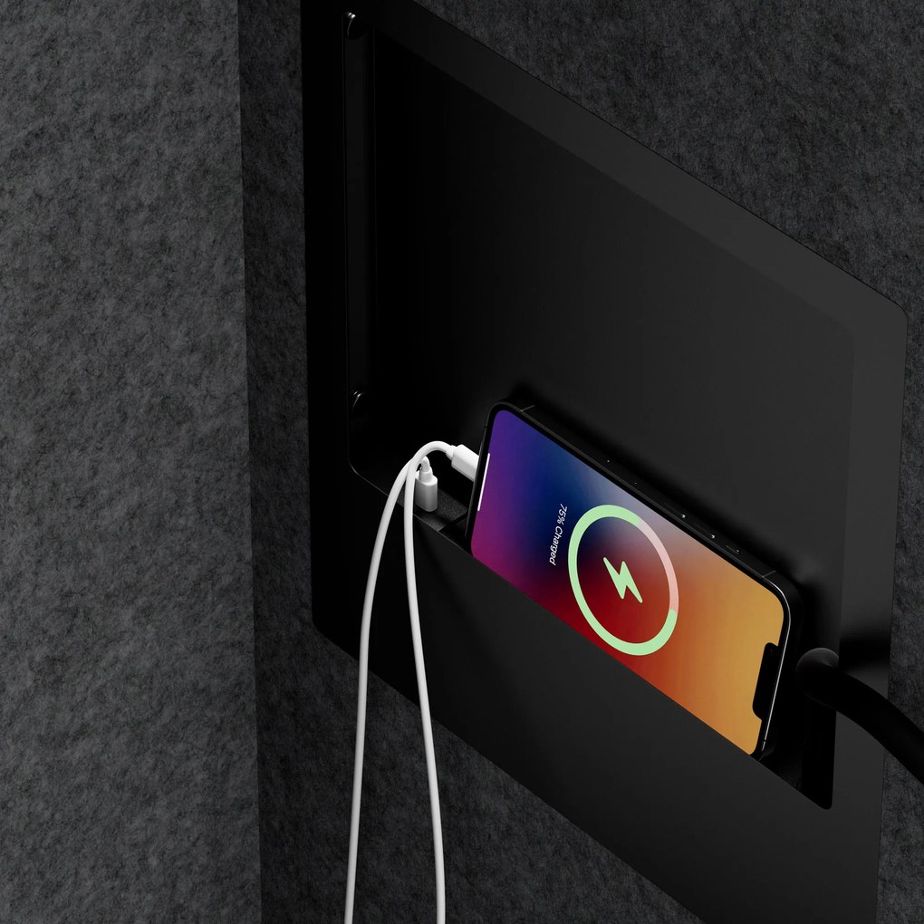 Kancelárska akustická kabína so sedadlom a portom USB-C, telo v čierny / sedák tmavosivá v zelenej farbe, 600 mm: SALLY MentalBox