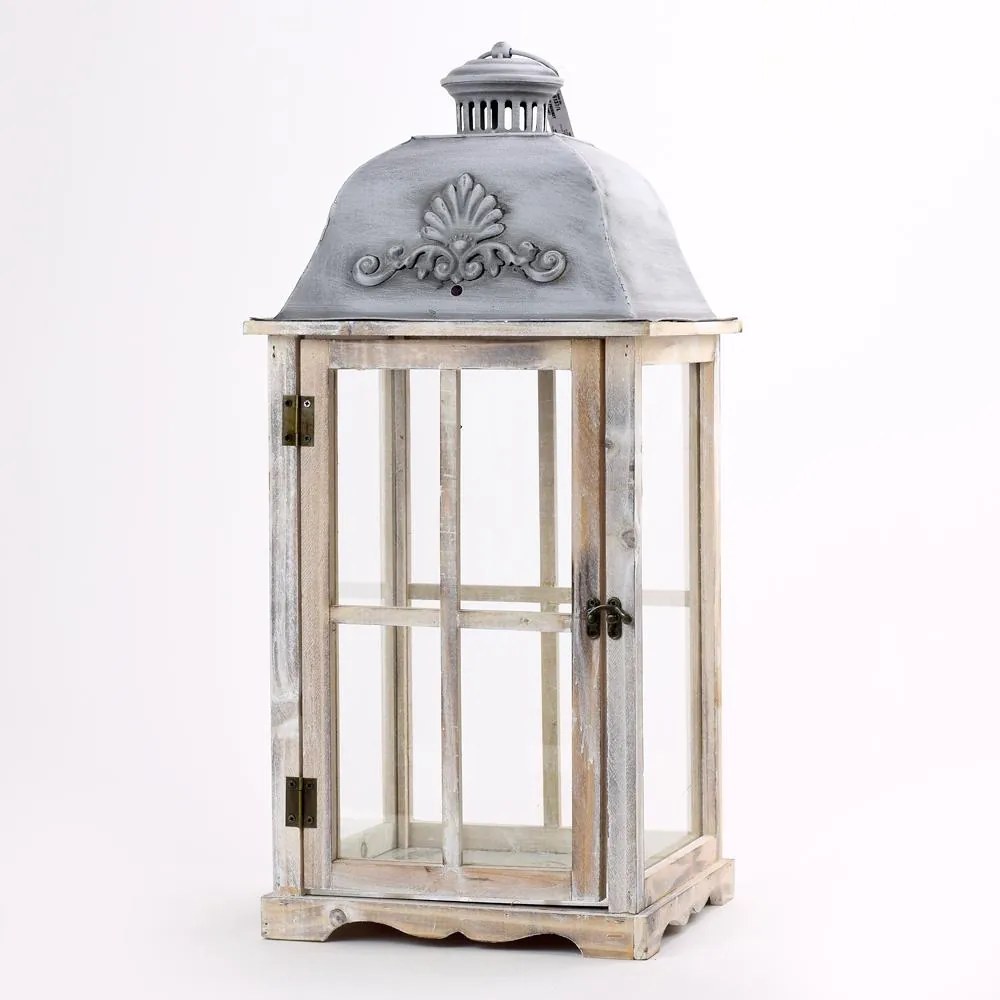 lampáš drevený biela patina , strieška plech s ornamentom 28x28x63.5cm