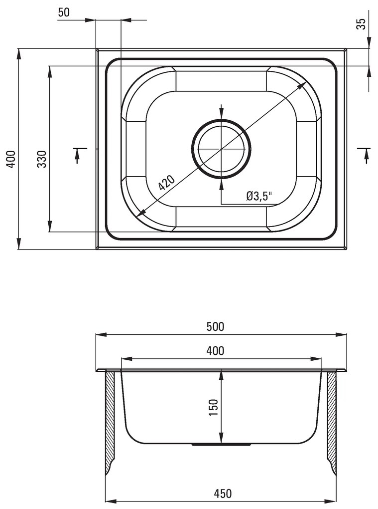 Deante Techno, nerezový drez na dosku 1-komorový B/O 500x400x150 3,5'' + sifón, vzor dekor, ZEU_310A