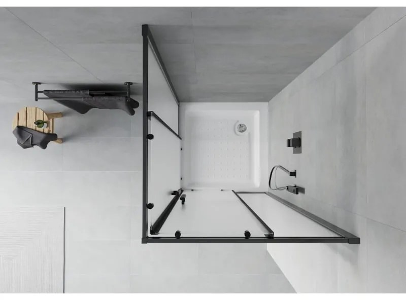 Mexen Rio, štvorcový sprchovací kút s posuvnými dverami 70(dvere) x 70(dvere) x 190 cm, 6mm sklo námraza, čierny profil + biela sprchová vanička RIO, 860-070-070-70-30-4510