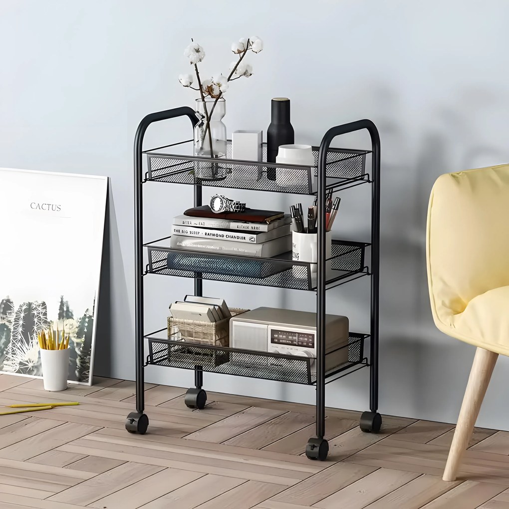 ModernHome Kovový regál do kúpeľne s 3 policami - kolieska, čierna