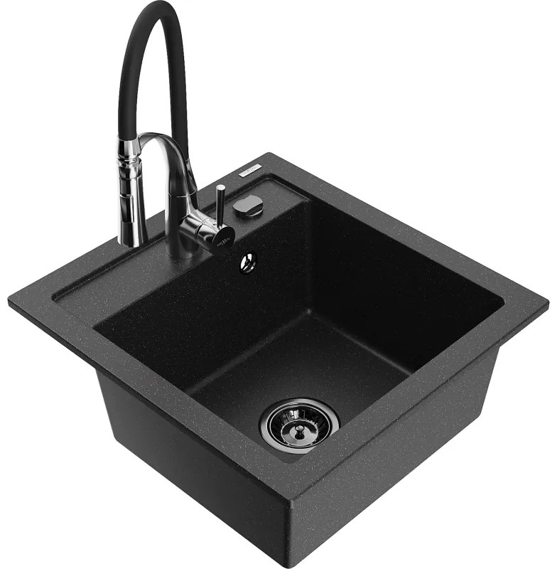 Mexen Vito, 1-komorový granitový drez 490x520x210 mm a drezová batéria Aster, čierna-strieborná metalíza, 6503-73-73450-07-B