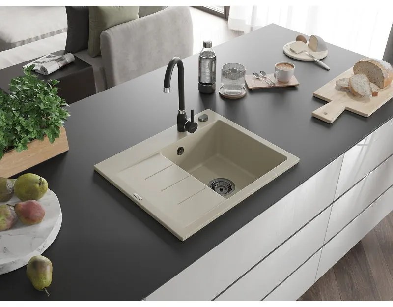Mexen Ben, 1-komorový granitový drez 600x500x190 mm, pravý + čierny sifón, béžová, 6523605000-69-B