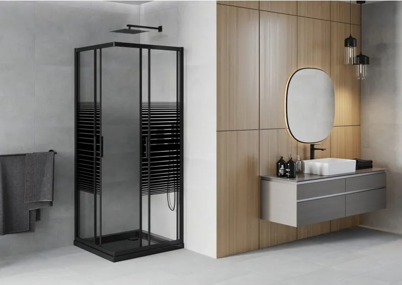 Mexen Rio štvorcová sprchová kabína 80 x 80 cm, čierne pásy, čierna + plytká vanička, čierna - 860-080-080-70-20-4070B