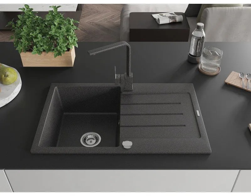 Mexen Bruno, drez granitový 795x495x200 mm, 1-komorový, čierna škvrnitá s chrómovým sifónom a čierna škvrnitá drezová batéria Rita, 6513-76-670300-76
