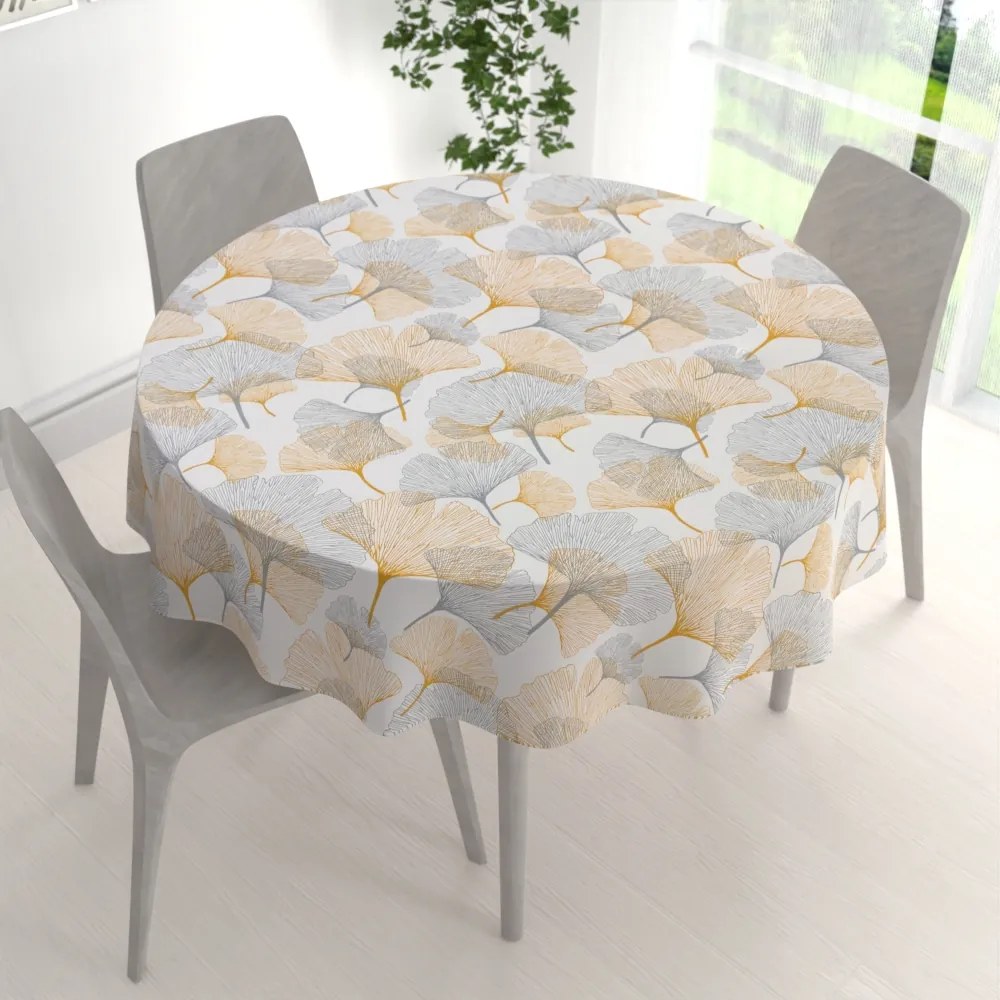 Biante Bavlnený okrúhly obrus Sandra SA-745 Sivo-horčicové ginkgo listy na bielom Ø 60 cm