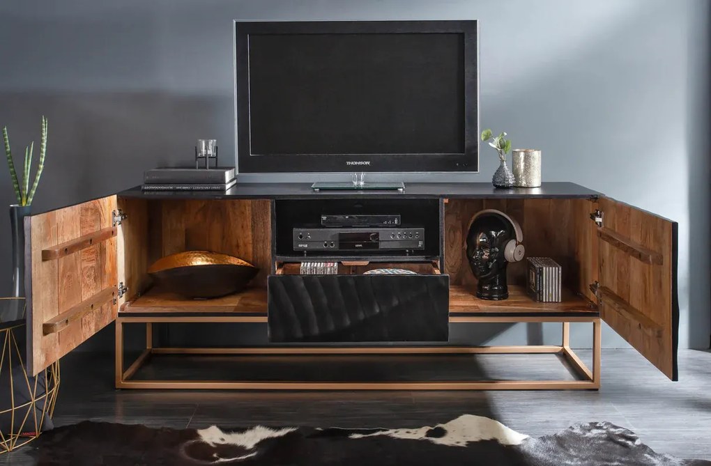 Dizajnový TV stolík Zorpi 160 cm – masívne mangové drevo / čierna
